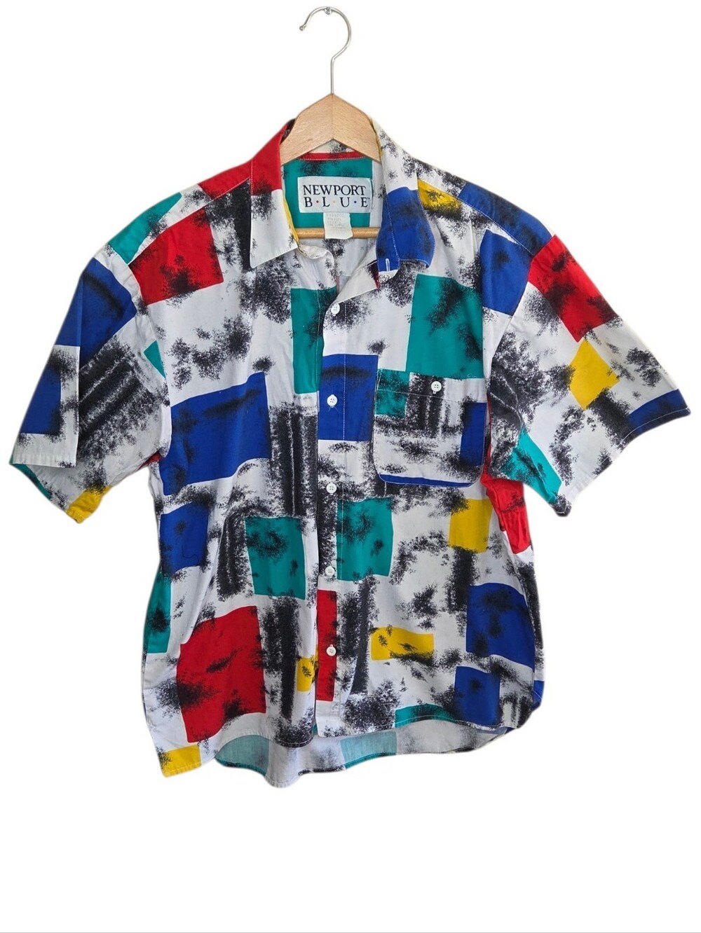Vintage Newport Blue Colorful Geometric Print Short Sleeve Button Up Shirt Large